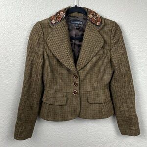 Banana Republic Tweed Plaid Check Blazer Jacket Floral Beaded Collar Sz 2
